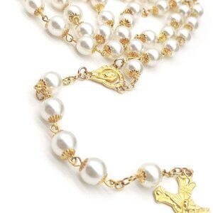 Catholic Rosary Beads Necklace Imitation Pearl Gold Cross Communions Gifts